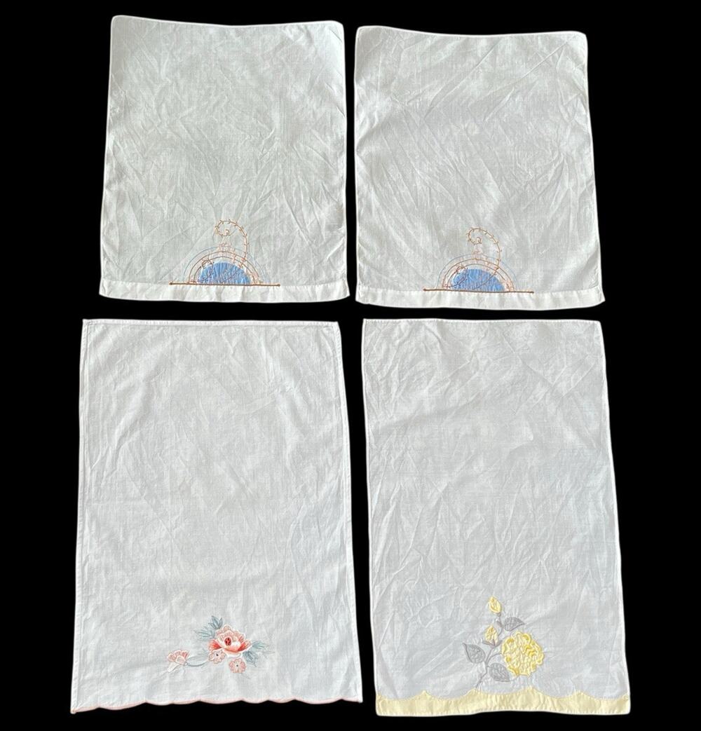 Vintage Hand Embroidered Table Dresser Mats Lot Of 4 White Cotton Linen Cottage